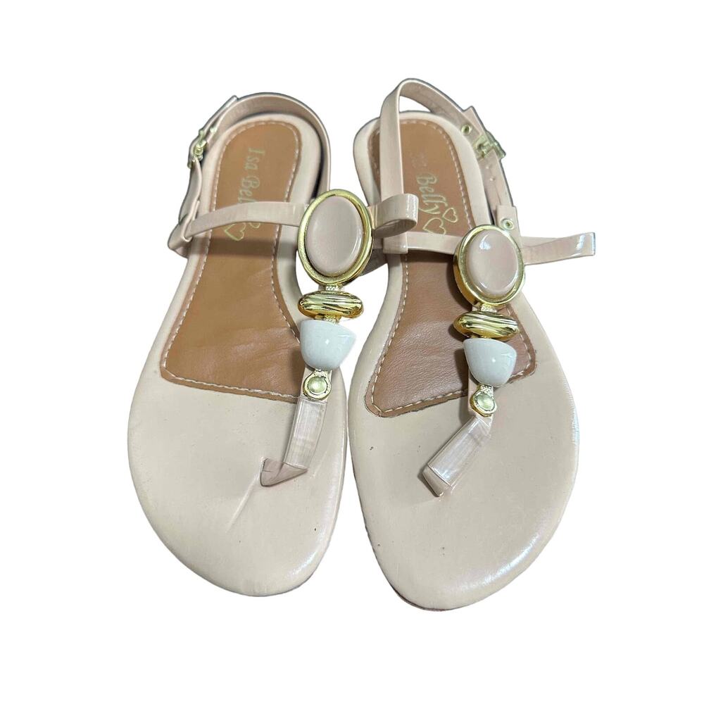 Isa Belly Beige T Strap Flat Wedge Sandals Women Size 7 Gold Accents Brazil